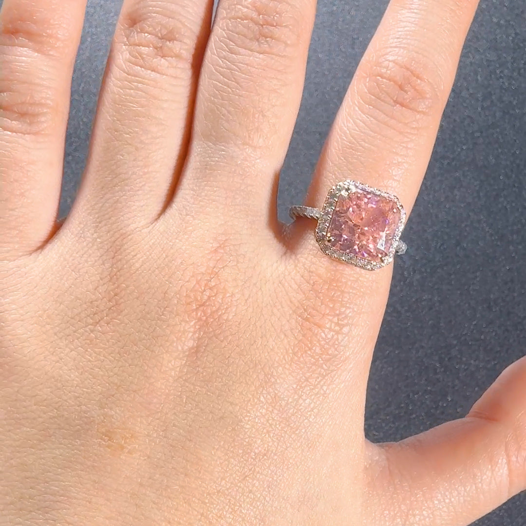 AuraBelle 925 silver pink zircon ring with square main stone, rhodium-plated ring setting is smooth, delicate and comfortable